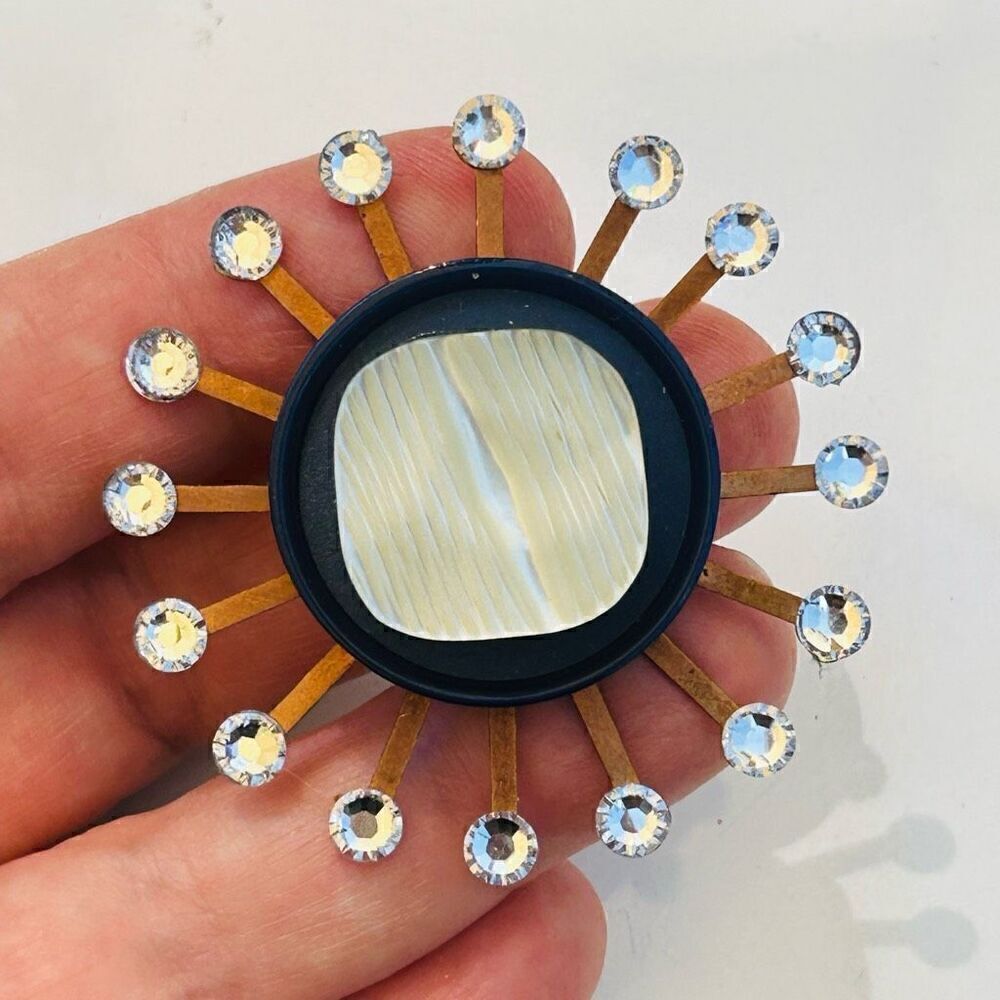 Upcycled Atomic Starburst Refrigerator Magnet Buttons Rhinestones Blue Teal Whit